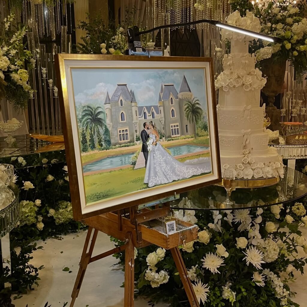 Aquarela ao vivo da cerimônia casamento na serra Itaipava RJ - Castelo de Itaipava